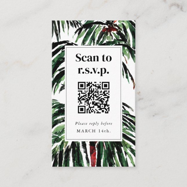 Carte D'accompagnement QR Code Plage Mariage RSVP Palmiers Peints (Devant)