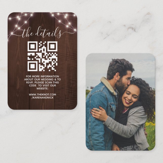 Carte D'accompagnement QR Code Rustic String Lights Mariage Informations (Devant / Derrière)