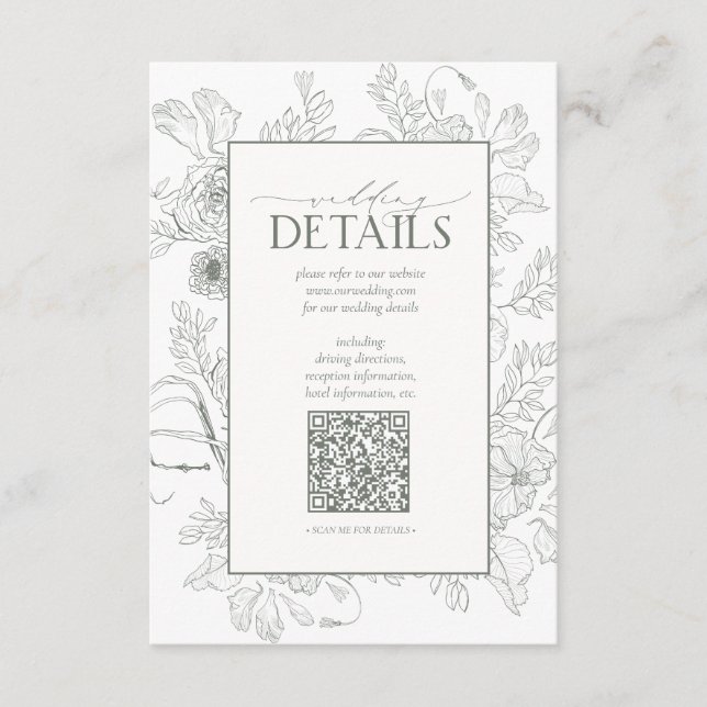 Carte D'accompagnement QR Code Sage Green Floral Détails du Mariage (Devant)