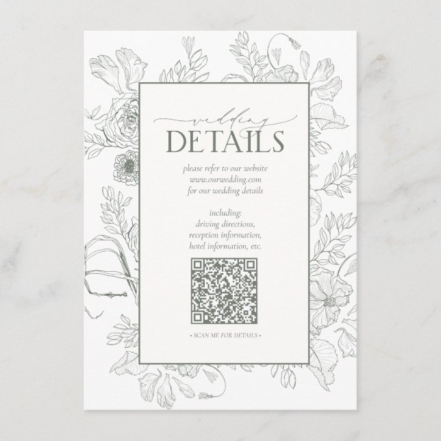 Carte D'accompagnement QR Code Sage Green Floral Détails du Mariage (Devant)