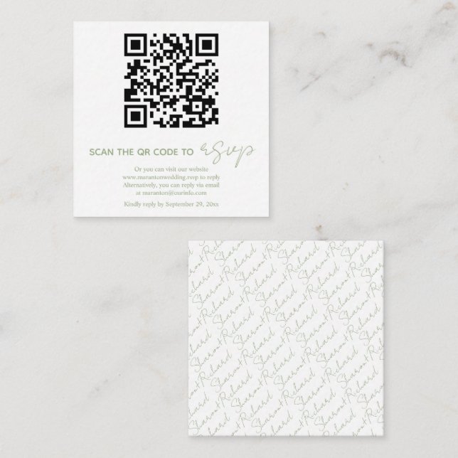 Carte D'accompagnement QR code sauge vert, calligraphie blanche photo RSV (Devant / Derrière)