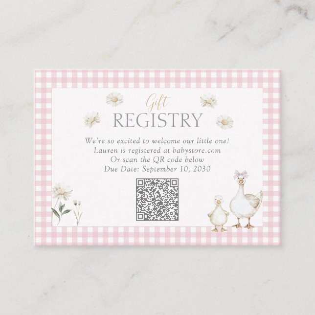 Carte D'accompagnement QR Code Silly Goose Rose Bow Registre Cadeau Douch (Devant)
