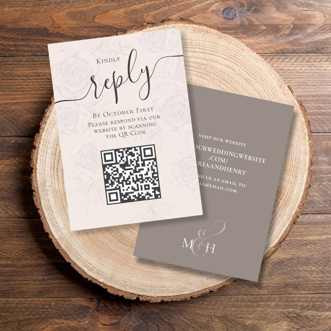 Carte D'accompagnement QR Code Simple RSVP Online Elegant Blush Floral (Elegant QR code RSVP vertical enclosure card with blush floral background and taupe)