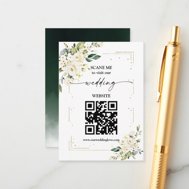 Carte D'accompagnement QR Code Site Mariage White Floral Gold Enclosu (Devant/Arrière en situation)