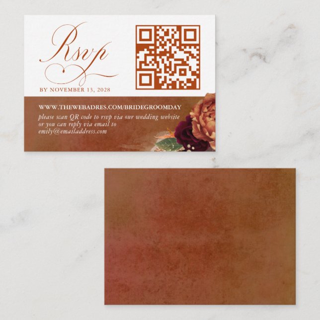 Carte D'accompagnement QR Code Terracotta Mariage Floral RSVP (Devant / Derrière)