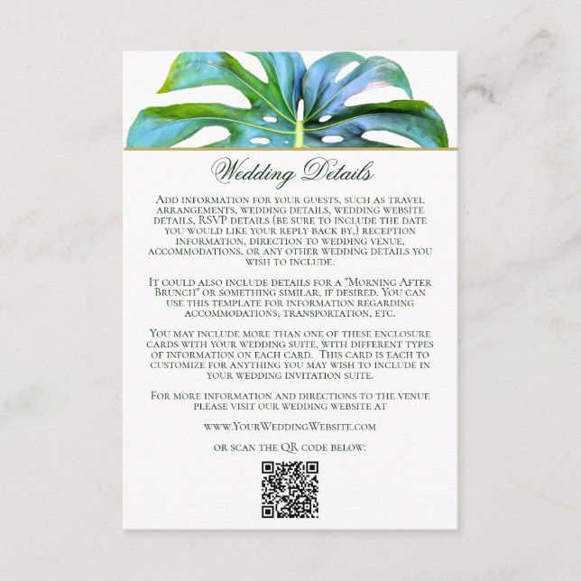 Carte D'accompagnement QR Code Tropical Leaf Beach Détails du mariage (Devant)