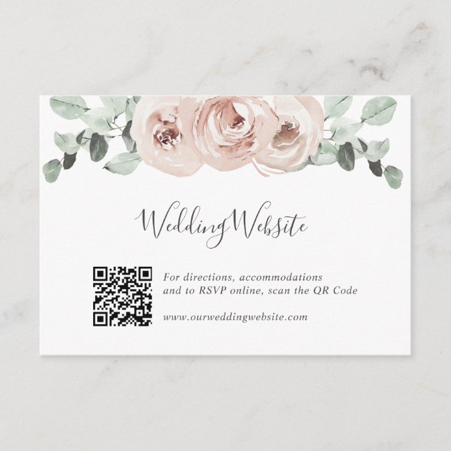 Carte D'accompagnement QR Code Website Floral Greenery Dusty Rose Mariage (Devant)
