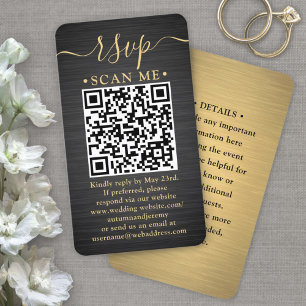Carte D'accompagnement QR RSVP & Détails Brossé Mariage noir et or