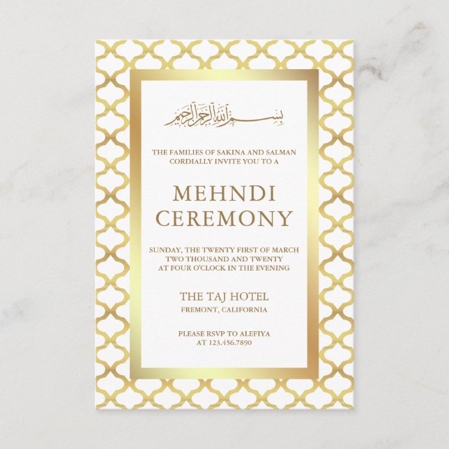 Carte D'accompagnement Quatrefoil marocain blanc et or Musulman Mehndi (Devant)