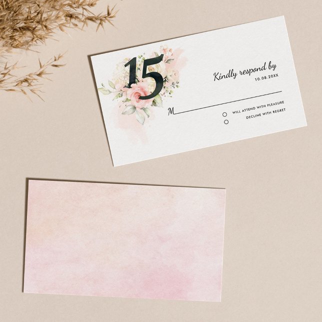 Carte D'accompagnement Quinceanera 15e anniversaire rose Floral RSVP (Pink Floral 15th Birthday Quinceanera RSVP Enclosure Card)