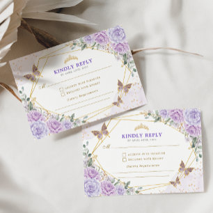 Carte D'accompagnement Quinceanera d'or violet Mis Quince 15 Anos RSVP