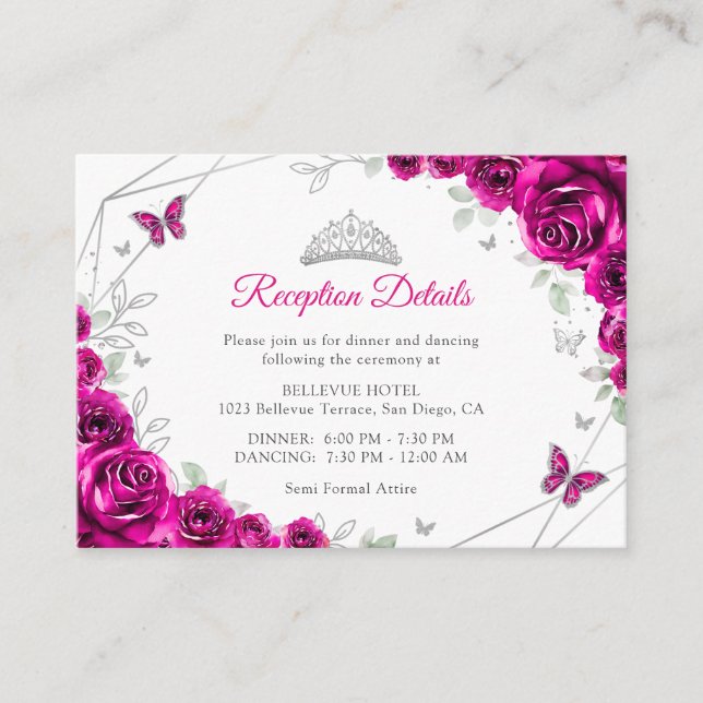 Carte D'accompagnement Quinceanera Fuchsia Pink Silver Floral Details (Devant)