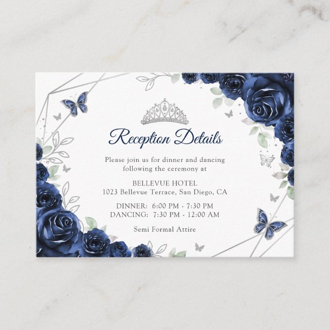 Carte D'accompagnement Quinceanera Navy Silver Floral Details (Devant)