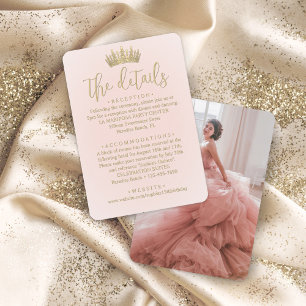Carte D'accompagnement Quinceañera Photo Blush Pink & Gold Crown Détails