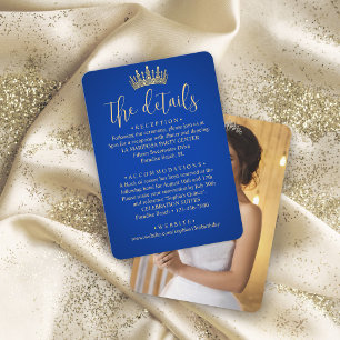Carte D'accompagnement Quinceañera Photo Royal Blue & Gold Crown Détails