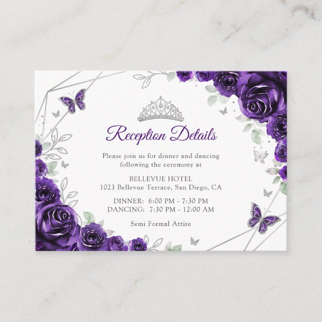 Carte D'accompagnement Quinceanera Purple Silver Floral Details (Devant)