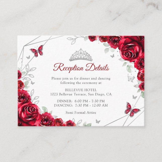 Carte D'accompagnement Quinceanera Red Silver Floral Details (Devant)