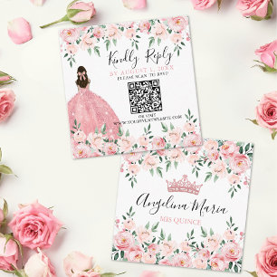 Carte D'accompagnement Quinceanera rose floral Code QR RSVP