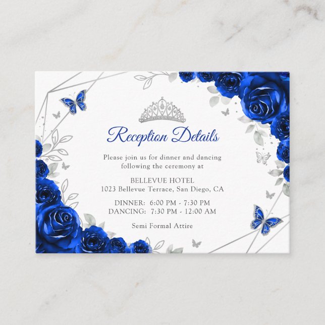 Carte D'accompagnement Quinceanera Royal Blue Silver Floral Details (Devant)