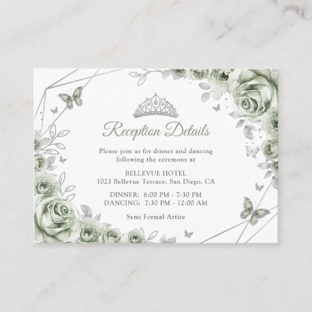 Carte D'accompagnement Quinceanera Sage Green Silver Floral Details (Devant)
