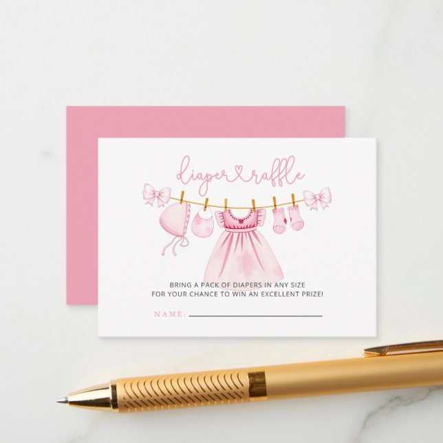 Carte D'accompagnement Raffle Baby shower de couche de linge rose (Devant/Arrière en situation)