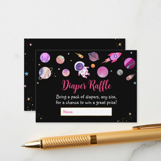 Carte D'accompagnement Raffle de Baby shower spatial pour filles roses (Devant/Arrière en situation)