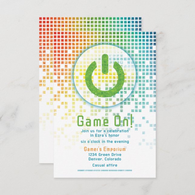Carte D'accompagnement Rainbow Pixels jeu vidéo Gamer Bar Mitzvah (Devant / Derrière)