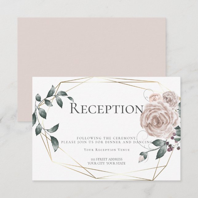 Carte D'accompagnement Réception | Aquarelle Fleurs Rose Poussiéreux Doré (Devant / Derrière)