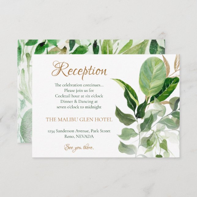 Carte D'accompagnement Réception aux feuilles de Monstera dorées et verte (Devant / Derrière)