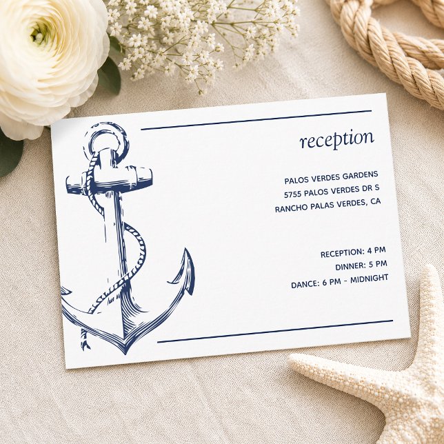 Carte D'accompagnement Réception blanche d'ancre de marine nautique (Tie the knot with this nautical inspired reception card with a navy anchor wedding reception card.)