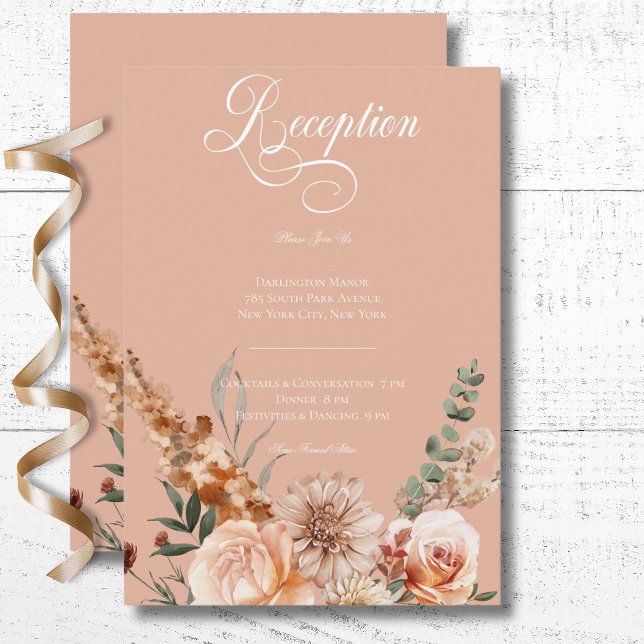 Carte D'accompagnement Réception Boho Peach & Rust Floral Peach Blush (Boho Peach & Rust Floral Peach Blush Wedding Reception Enclosure Card)