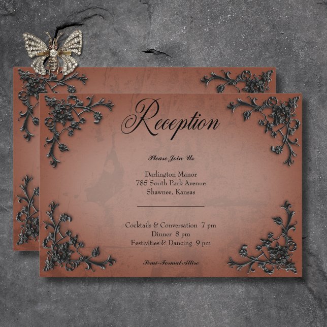 Carte D'accompagnement Réception Coeur Gothique Noir & Rouille Filigree (Gothic Black & Rust Filigree Heart Reception Enclosure Card)