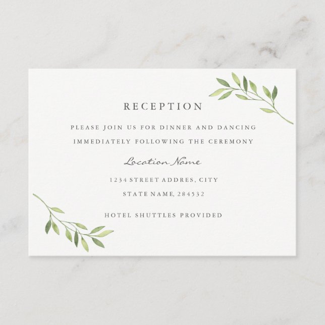 Carte D'accompagnement Réception de mariage à feuille verte aquarelle (Devant)