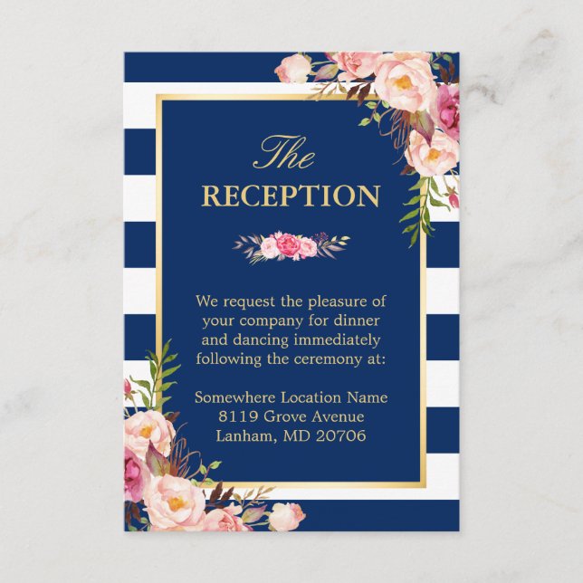 Carte D'accompagnement Réception de mariage à fleurs roses et rayures ble (Devant)