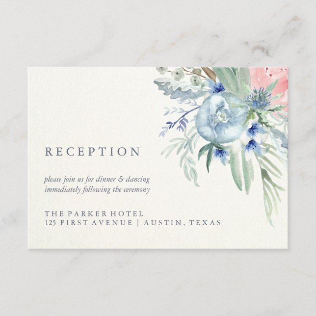 Carte D'accompagnement Réception de mariage à l'aquarelle bleue et rose (Devant)