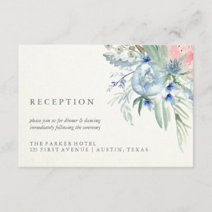 Carte D'accompagnement Réception de mariage à l'aquarelle de pivoine bleu