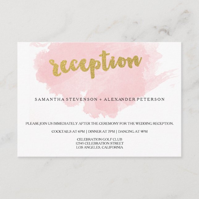 Carte D'accompagnement Réception de mariage à l'aquarelle dorée et rose (Devant)