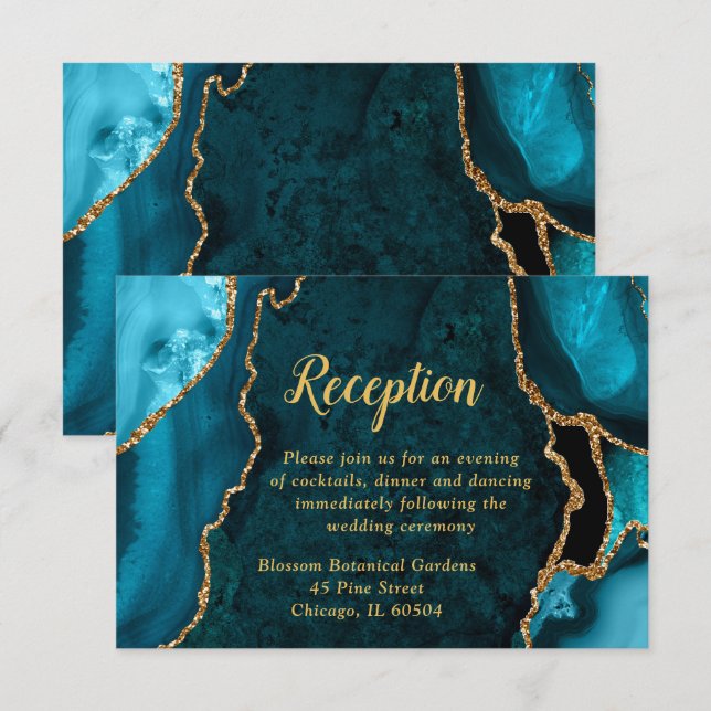 Carte D'accompagnement Réception de mariage Agate Bleu-vert et Or (Devant / Derrière)