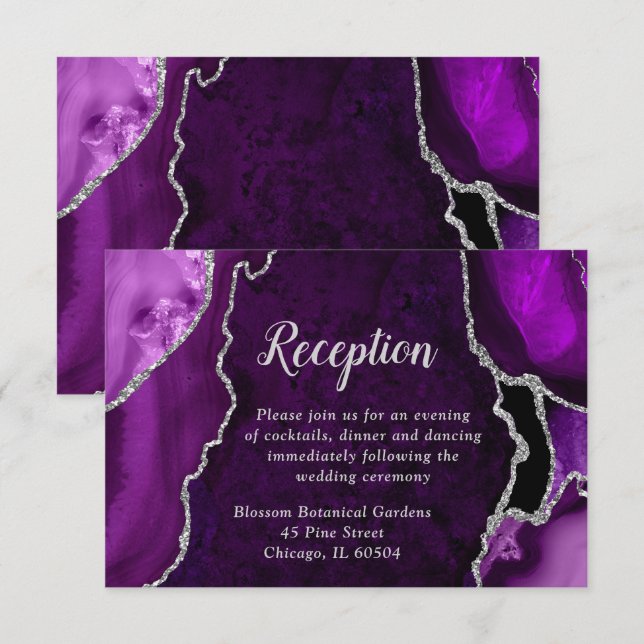 Carte D'accompagnement Réception de mariage Agate Violet et Argent (Devant / Derrière)