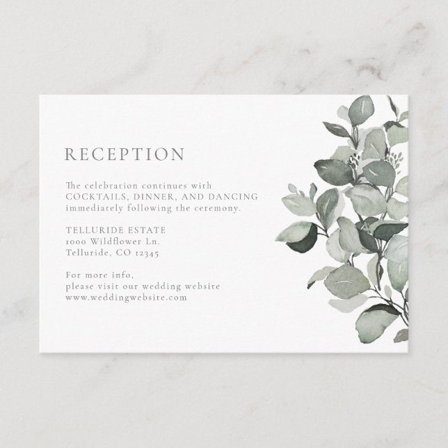 Carte D'accompagnement Réception de mariage au eucalyptus aquarelle (Devant)