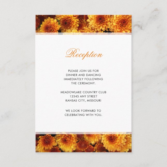 Carte D'accompagnement Réception de mariage aux Chrysanthèmes Orange (Devant)