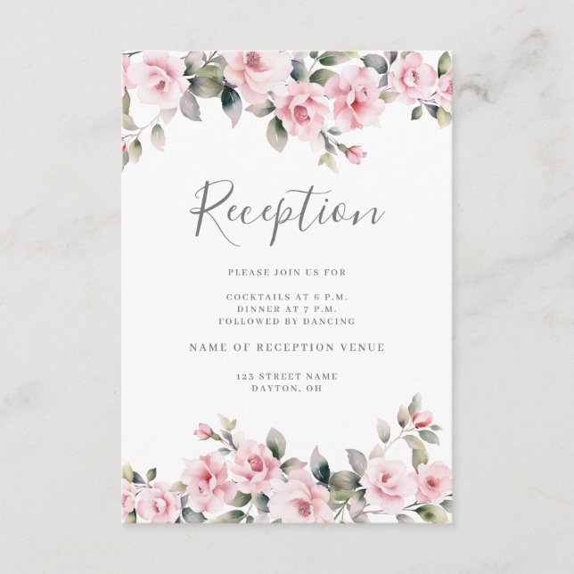 Carte D'accompagnement Réception de mariage aux fleurs roses (Devant)