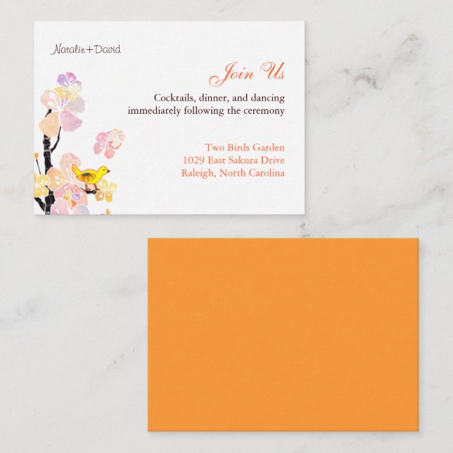 Carte D'accompagnement Réception De Mariage Aux Oiseaux (Devant / Derrière)