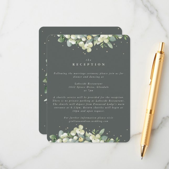 Carte D'accompagnement Réception de mariage avec baies de neiges vertes+E (Devant/Arrière en situation)
