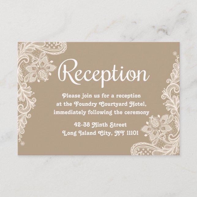 Carte D'accompagnement Réception de mariage avec dentelle florale marron  (Devant)