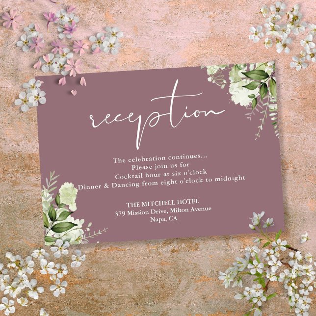 Carte D'accompagnement Réception de mariage avec écriture de verdure mauv (Mauve Greenery Script Wedding Reception Enclosure Card)
