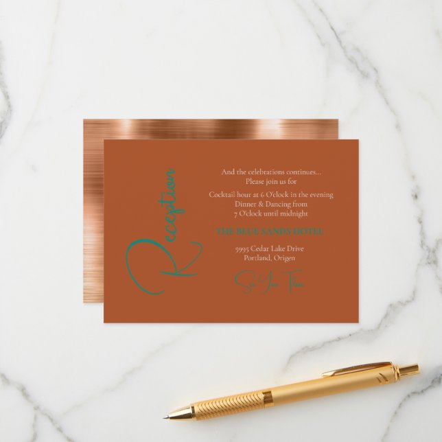 Carte D'accompagnement Réception de mariage avec feuille de cuivre et tex (Devant/Arrière en situation)