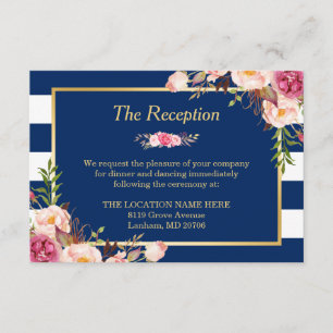 Carte D'accompagnement Réception de mariage avec fleurs et rayures bleu m