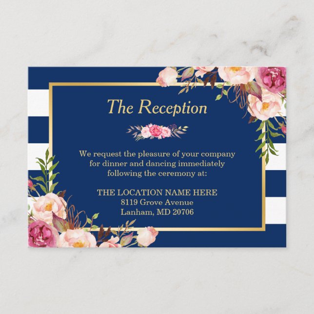Carte D'accompagnement Réception de mariage avec fleurs et rayures bleu m (Devant)