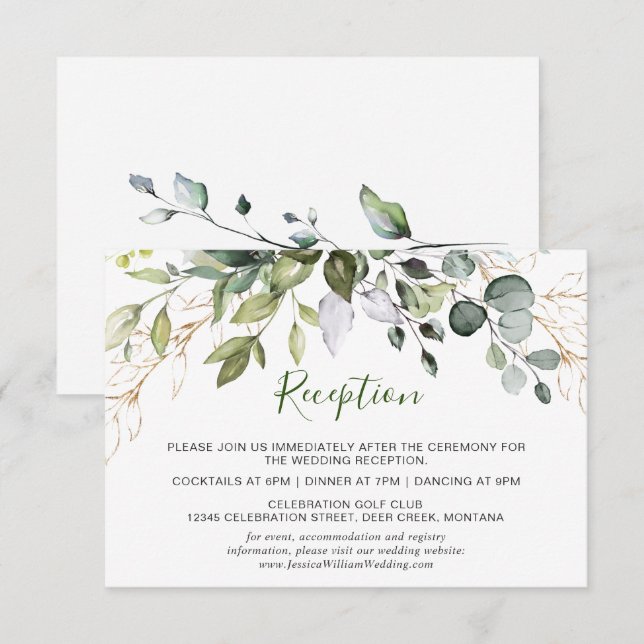 Carte D'accompagnement Réception de mariage avec verdure d'eucalyptus à l (Devant / Derrière)
